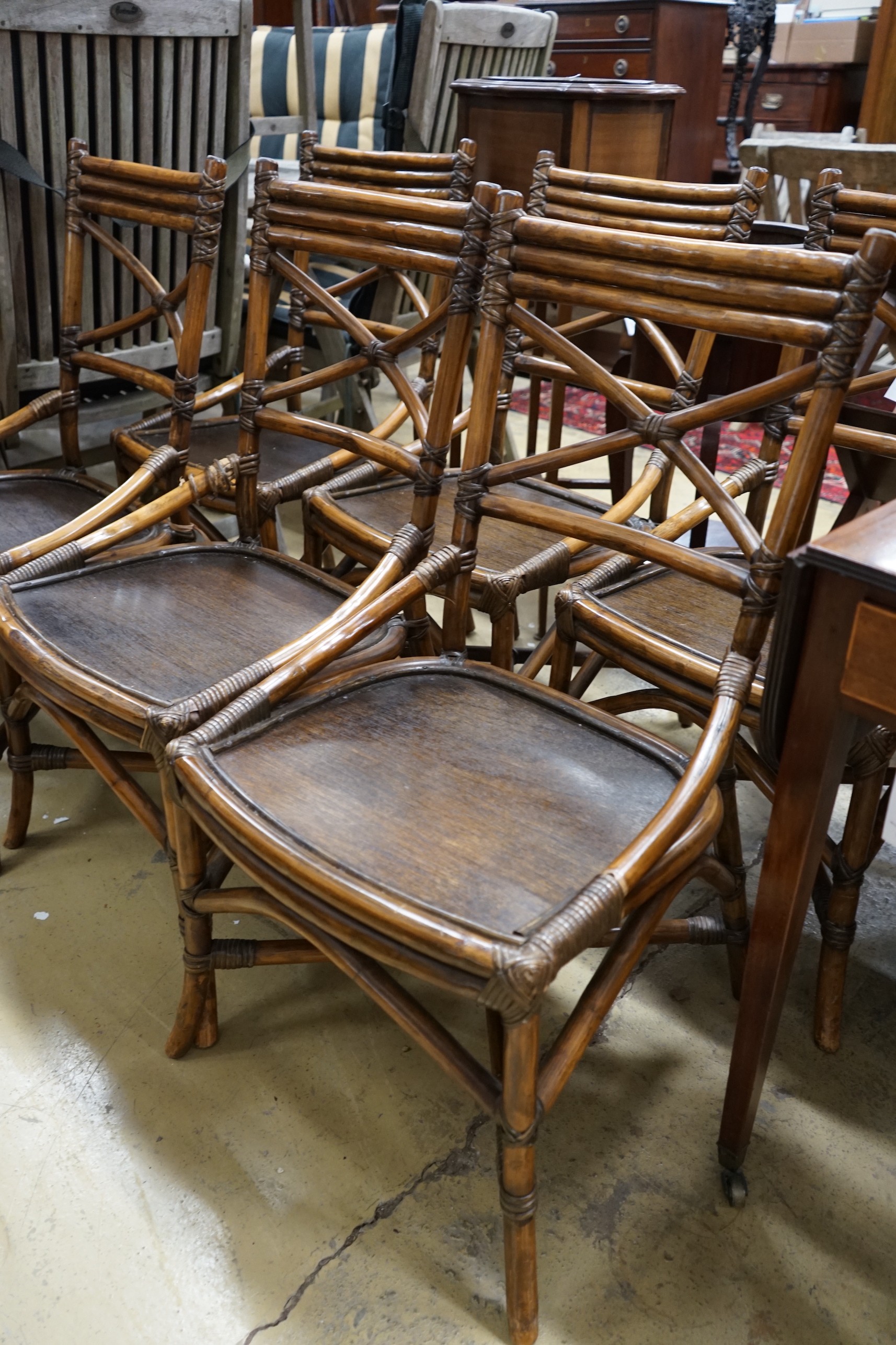Seven bamboo wood seat dining chairs